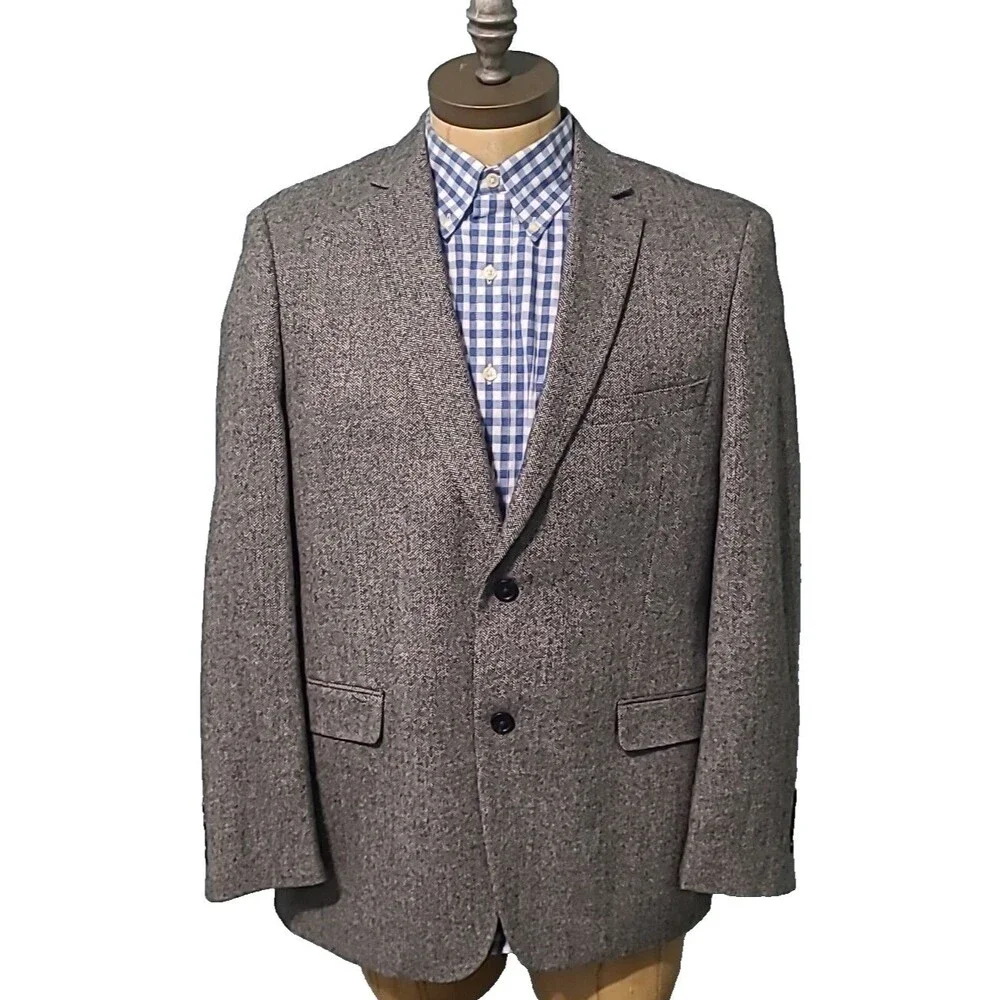 ADOLFO Lambswool TWEED Sport Coat Mens 44R Gray Herringbone Fleck Blazer Jacket - Picture 3 of 16